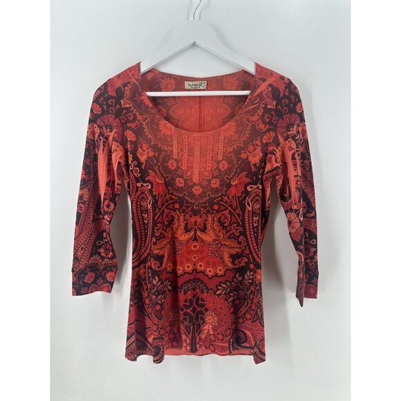 One World Tunic Top Orange Sz S Embellished Boho Festival Fall Bling AC22 - Picture 1 of 7